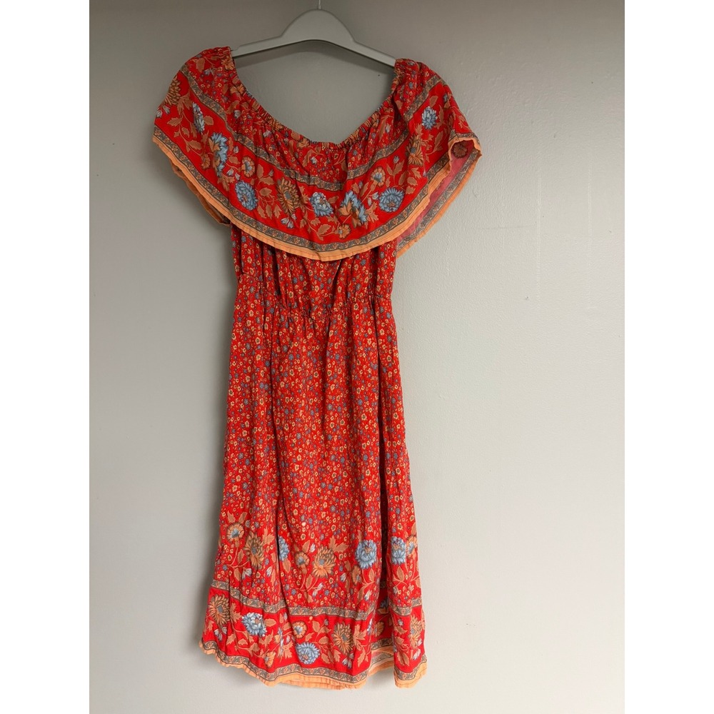 Fashion Red Floral Boho Off The Shoulder Ruffle Mini Dress Women Size Medium